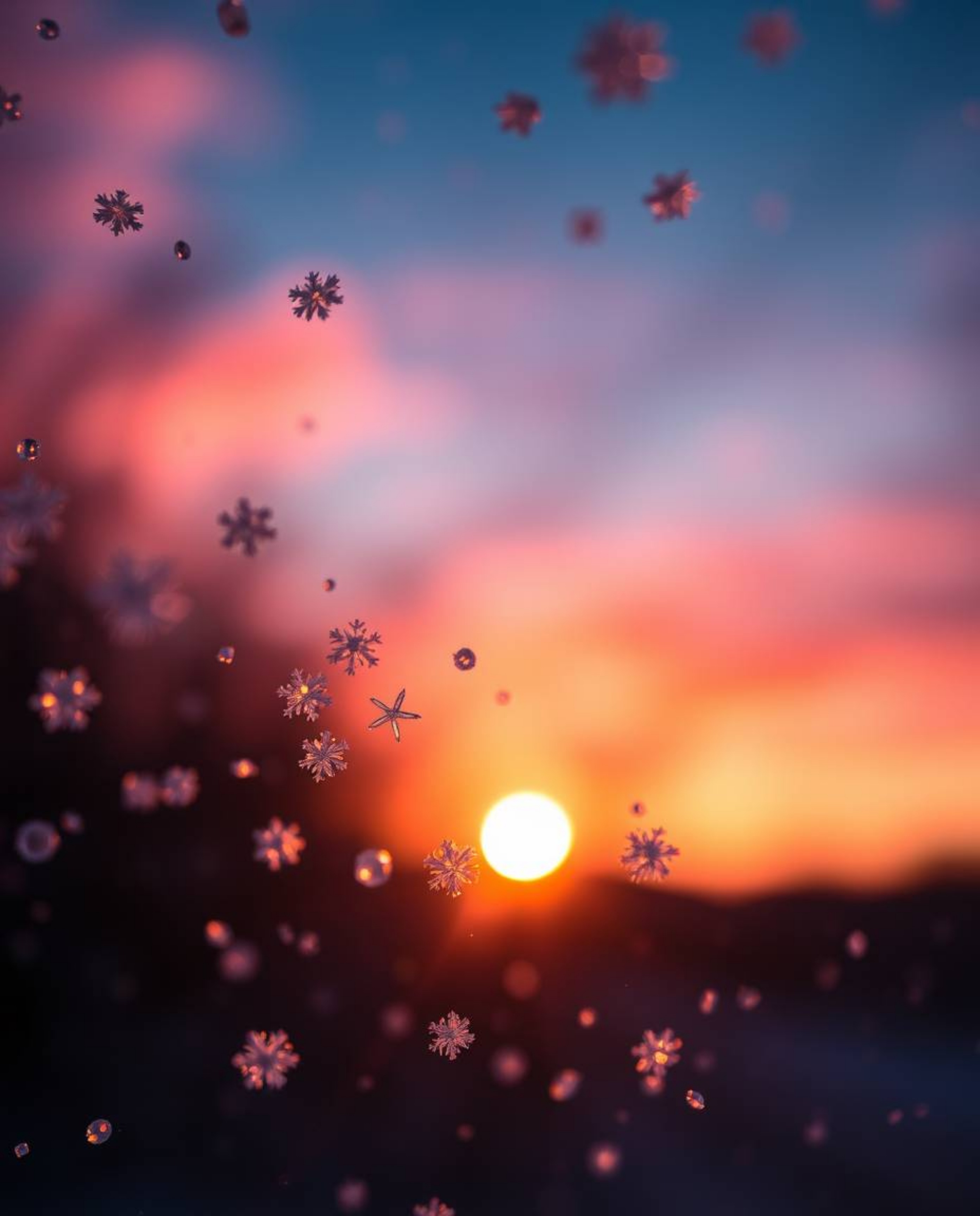 A stunning tight close-up shot that creatively illuminates snowflakes falling during a vibrant sunset. This image focuses on 