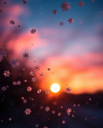A stunning tight close-up shot that creatively illuminates snowflakes falling during a vibrant sunset. This image focuses on 