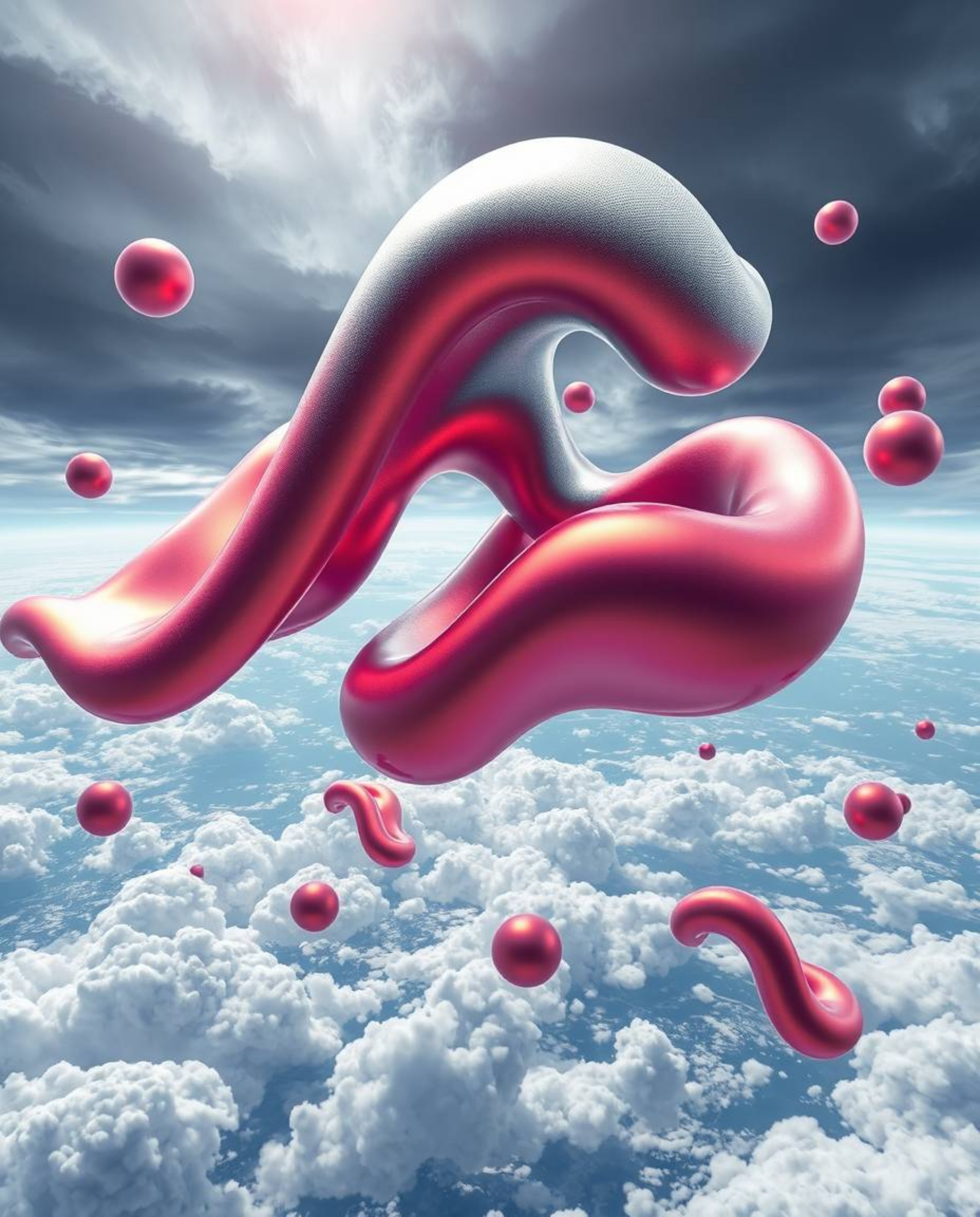 Experience a vibrant and energetic scene featuring smooth, 3D fluid shapes with captivating metallic textures, gracefully flo