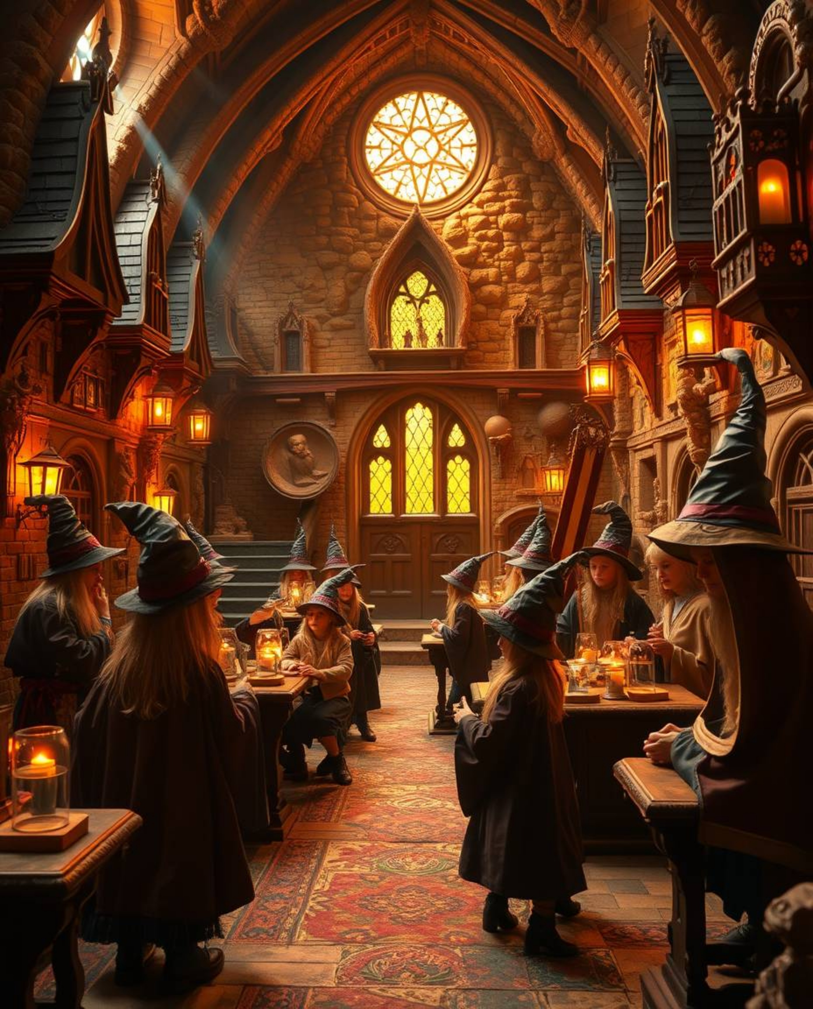 Step into a magical school brimming with young wizards, bathed in a warm golden glow.  The scene evokes a radiant and luxurio