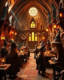 Step into a magical school brimming with young wizards, bathed in a warm golden glow.  The scene evokes a radiant and luxurio