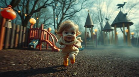 Witness an adorable, cute, and dramatic slow-motion run through a fantastical playground filled with bizarre and whimsical sc