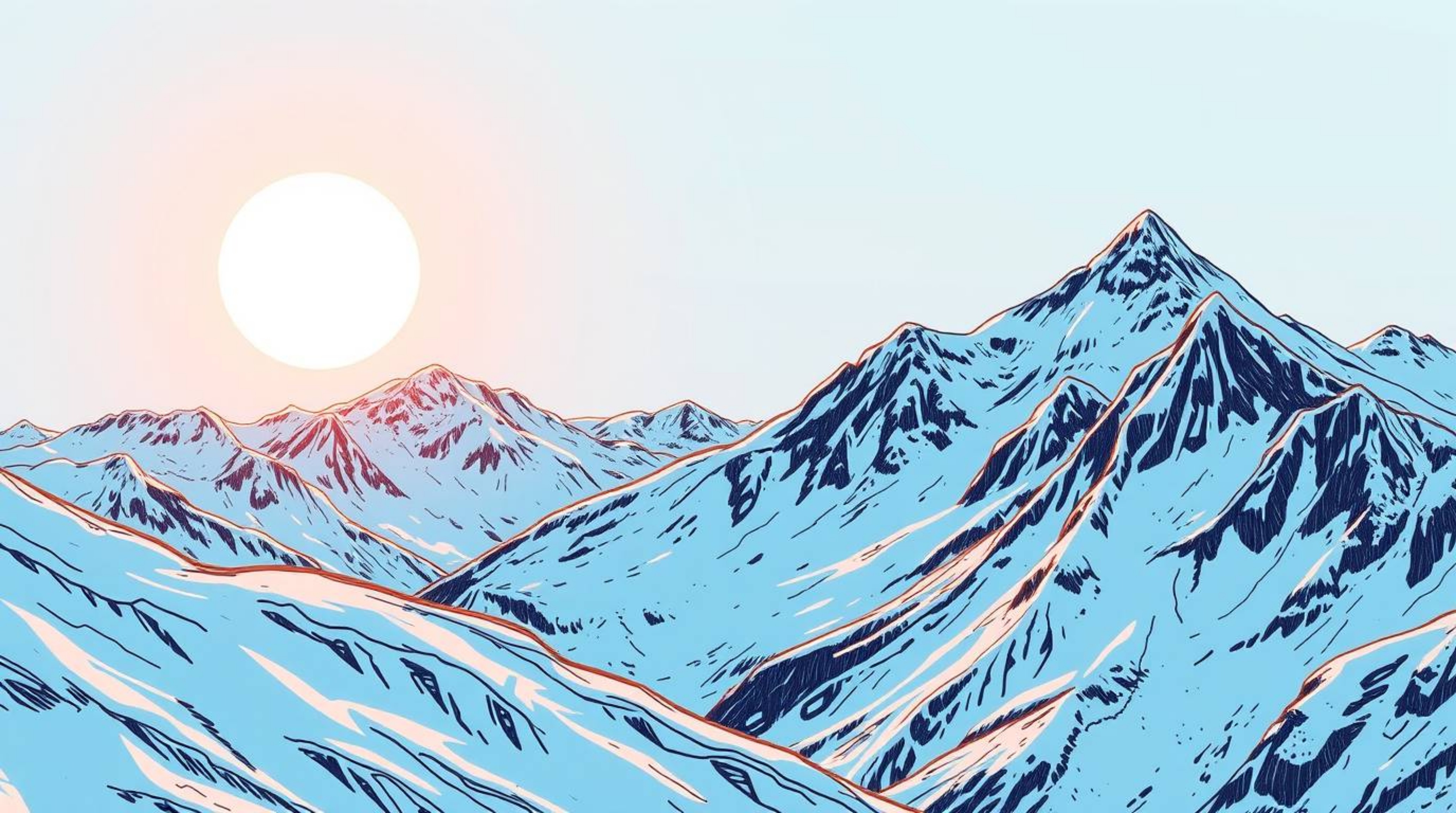 Experience the awe-inspiring beauty of snow-covered mountains illuminated by a pastel sunset in this hand-drawn sketch. This 