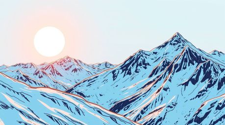 Experience the awe-inspiring beauty of snow-covered mountains illuminated by a pastel sunset in this hand-drawn sketch. This 