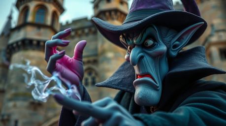 An extreme macro close-up reveals a classic Disney villain casting a spell within the ancient walls of a crumbling castle.  C