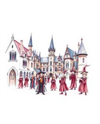 This collection features sophisticated and elegant hand-drawn sketches of a magical school teeming with young wizards, render