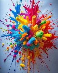 This captivating image showcases a cinematic style explosion of vibrant, colorful paint splashes across a pristine white canv