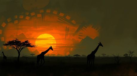A dynamic digital sketch showcases a creepy sunset savanna scene. Silhouetted giraffes stand against a misty, dark-toned sky