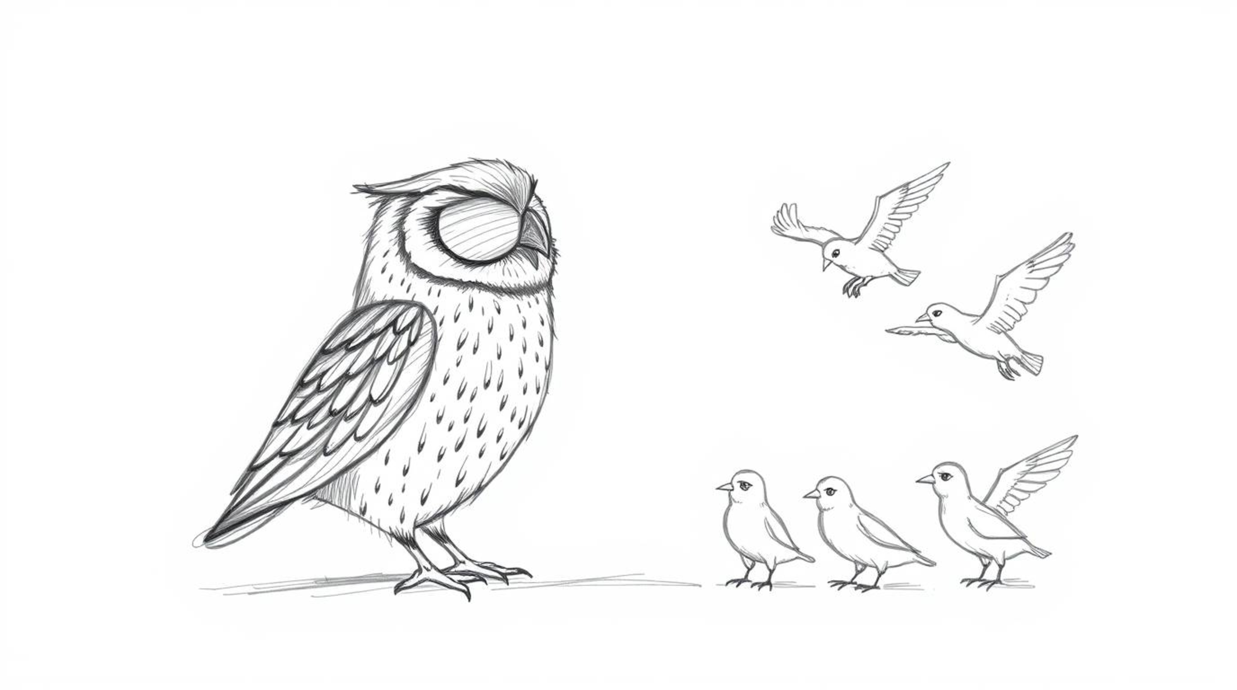 A heartwarming hand-drawn sketch in a Pixar-inspired style depicts a blind owl patiently teaching several birds how to fly. D