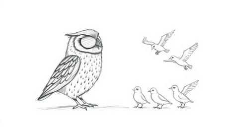 A heartwarming hand-drawn sketch in a Pixar-inspired style depicts a blind owl patiently teaching several birds how to fly. D