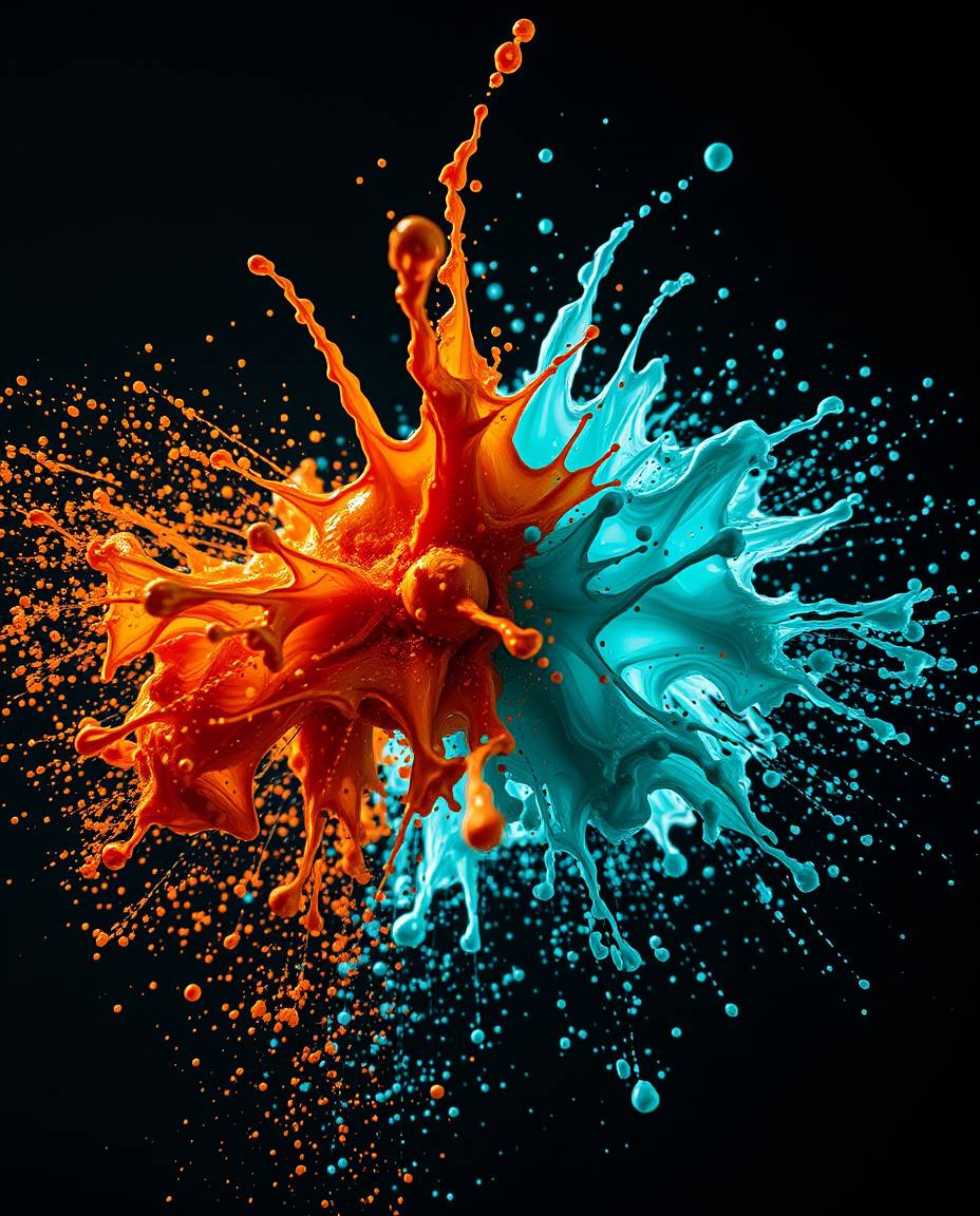 A dynamic and visually striking image capturing the moment a warm terracotta and cool teal paint splash is frozen in mid-air 