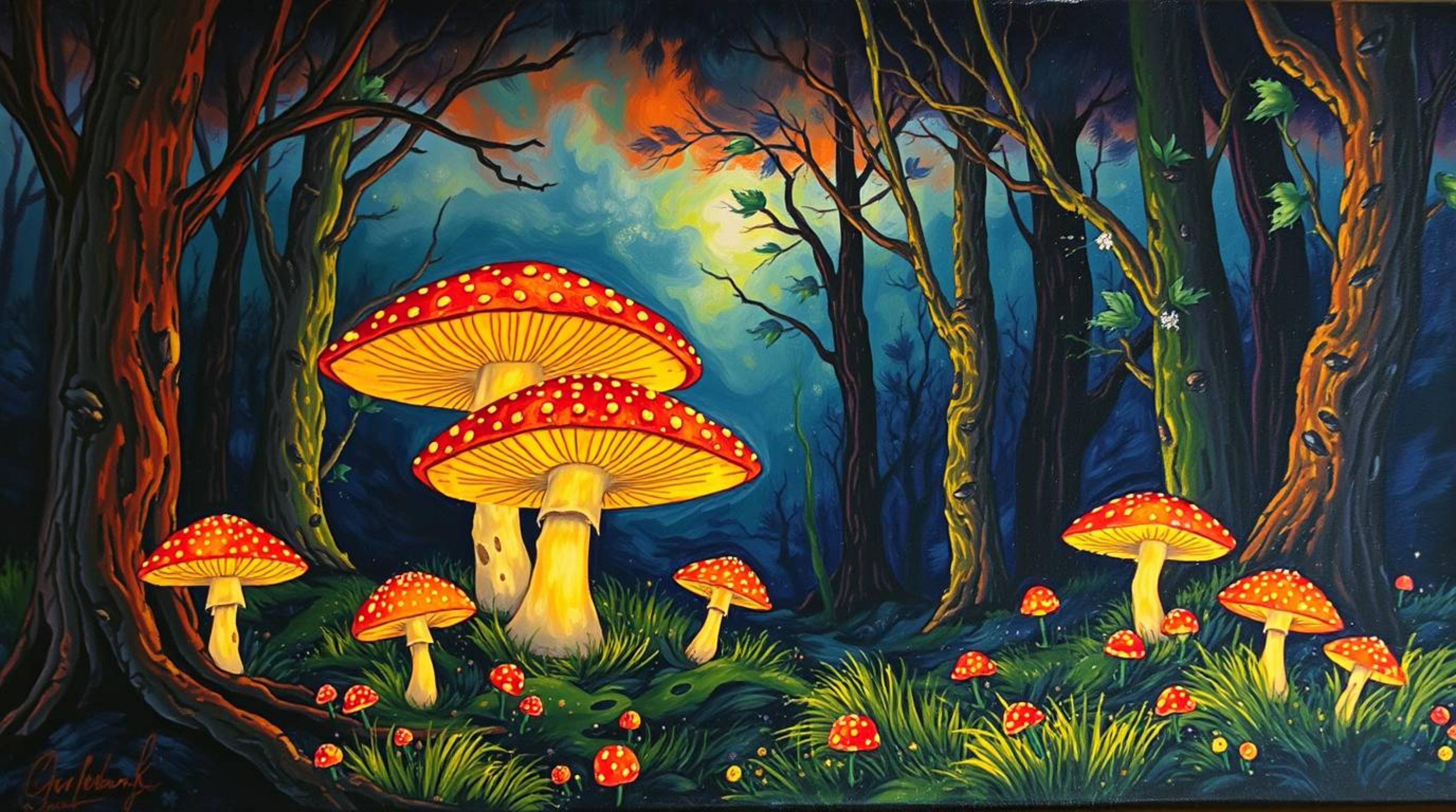 Experience the magic of a vintage enchanted forest with this bold acrylic painting. Featuring vibrant colors and textured bru