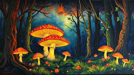Experience the magic of a vintage enchanted forest with this bold acrylic painting. Featuring vibrant colors and textured bru