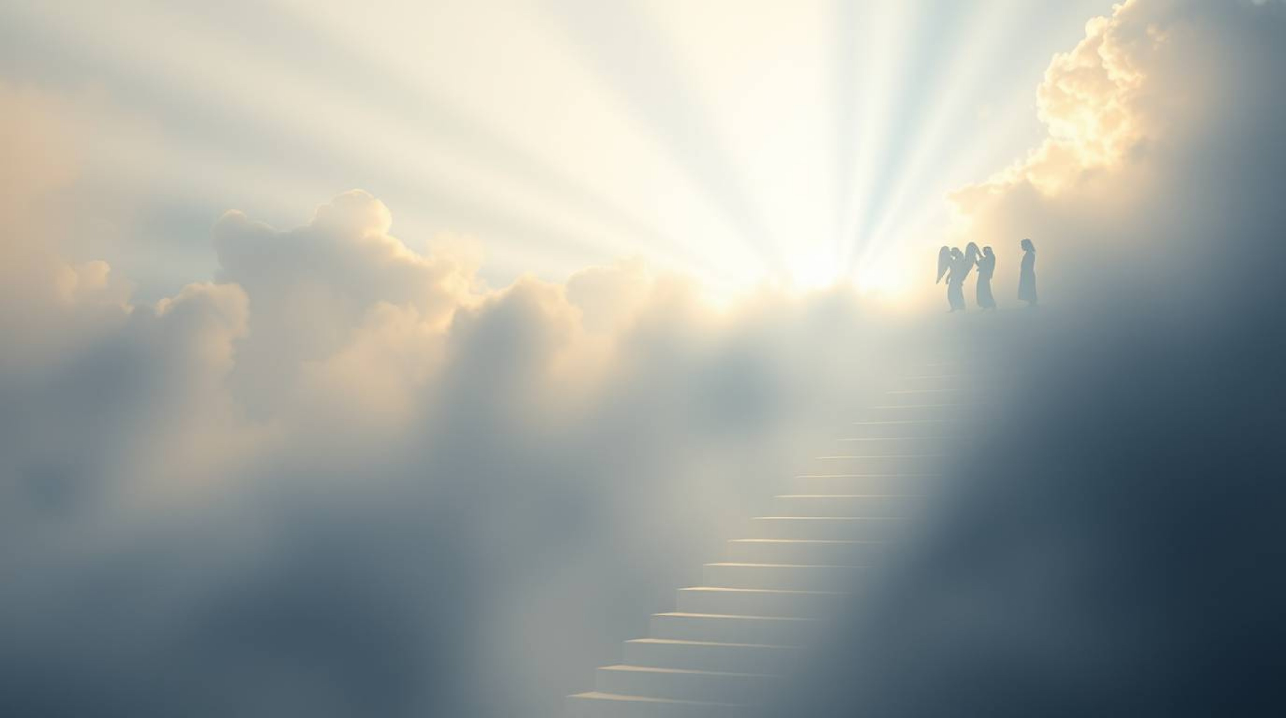 Experience a dreamlike scene of volumetric lighting illuminating steps of light ascending into a cloudy sky. Angelic figures 