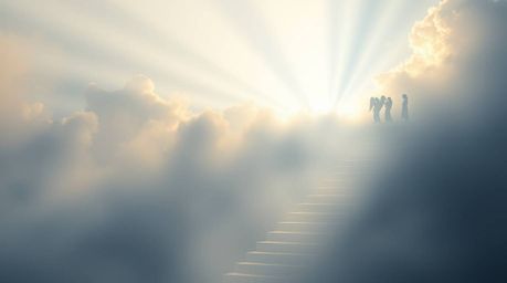Experience a dreamlike scene of volumetric lighting illuminating steps of light ascending into a cloudy sky. Angelic figures 