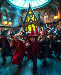 This vibrant and dynamic image showcases a magical school bustling with young wizards, rendered in complementary and glowing 