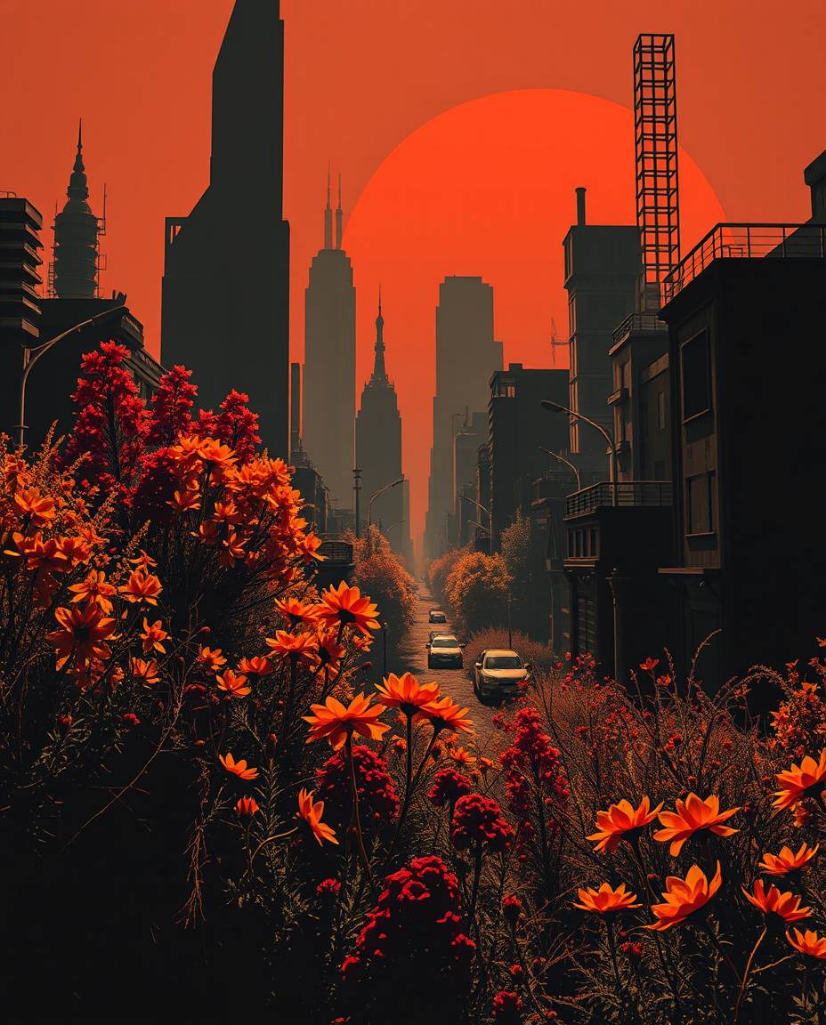 Explore a unique blend of contrasting chiaroscuro lighting and warm autumn hues as flowers bloom amidst a post-apocalyptic ci