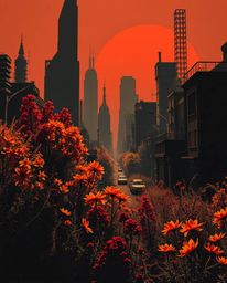 Explore a unique blend of contrasting chiaroscuro lighting and warm autumn hues as flowers bloom amidst a post-apocalyptic ci