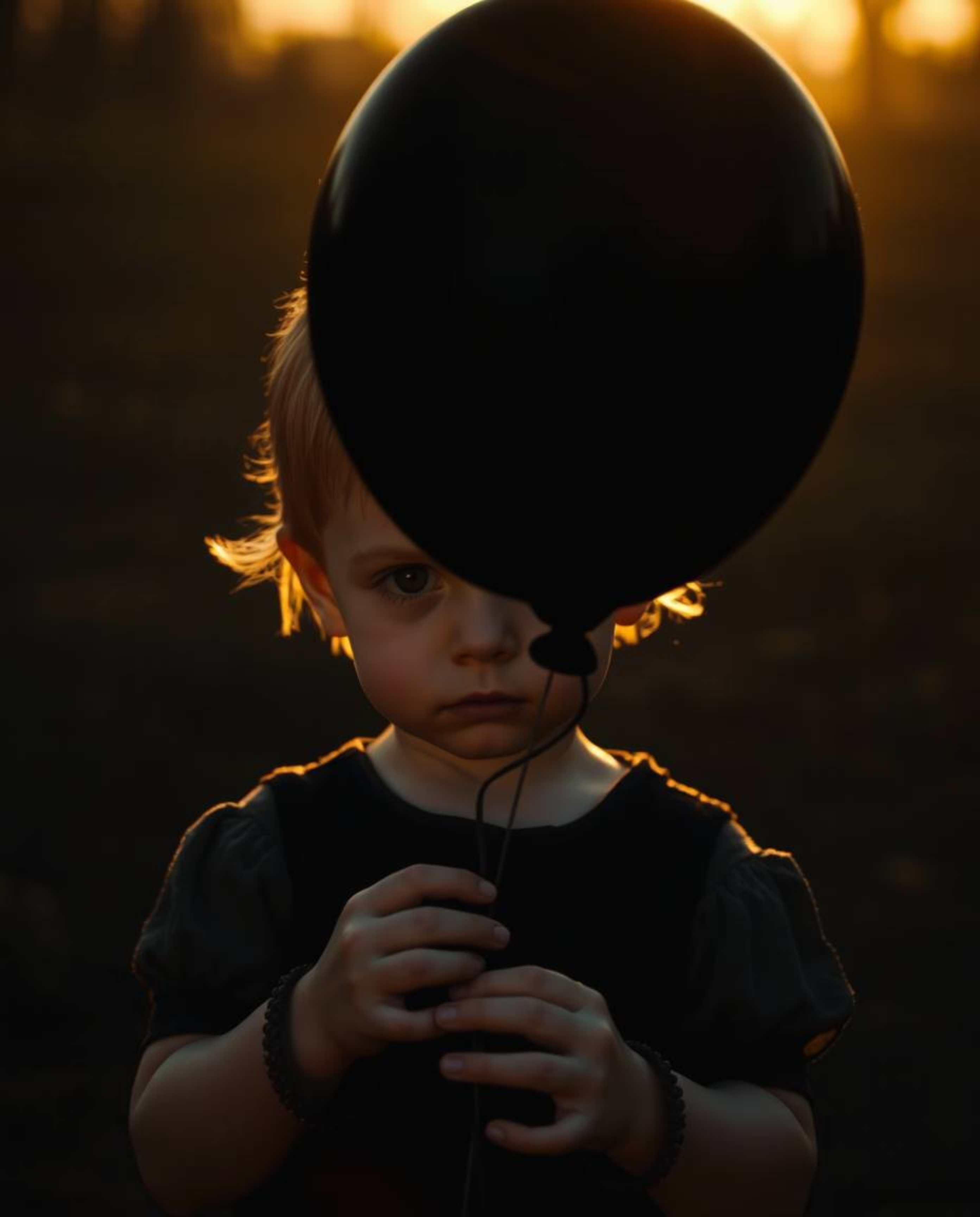 A captivating image of a pale child holding a black balloon, bathed in warm golden hour light. The photograph features a cree