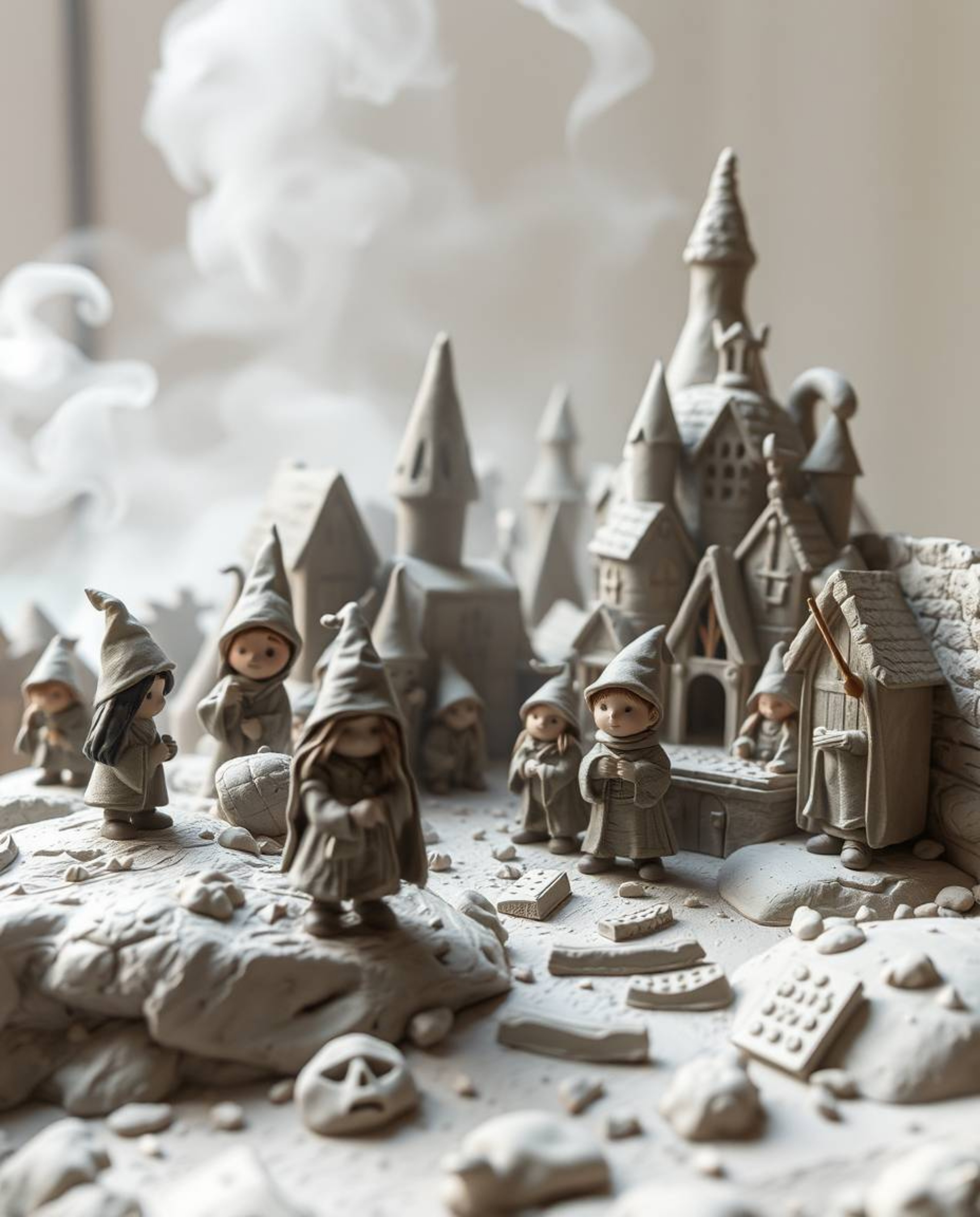 Explore a whimsical world captured in sculptural clay art, depicting a magical school brimming with young wizards. The textur