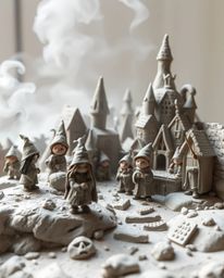 Explore a whimsical world captured in sculptural clay art, depicting a magical school brimming with young wizards. The textur