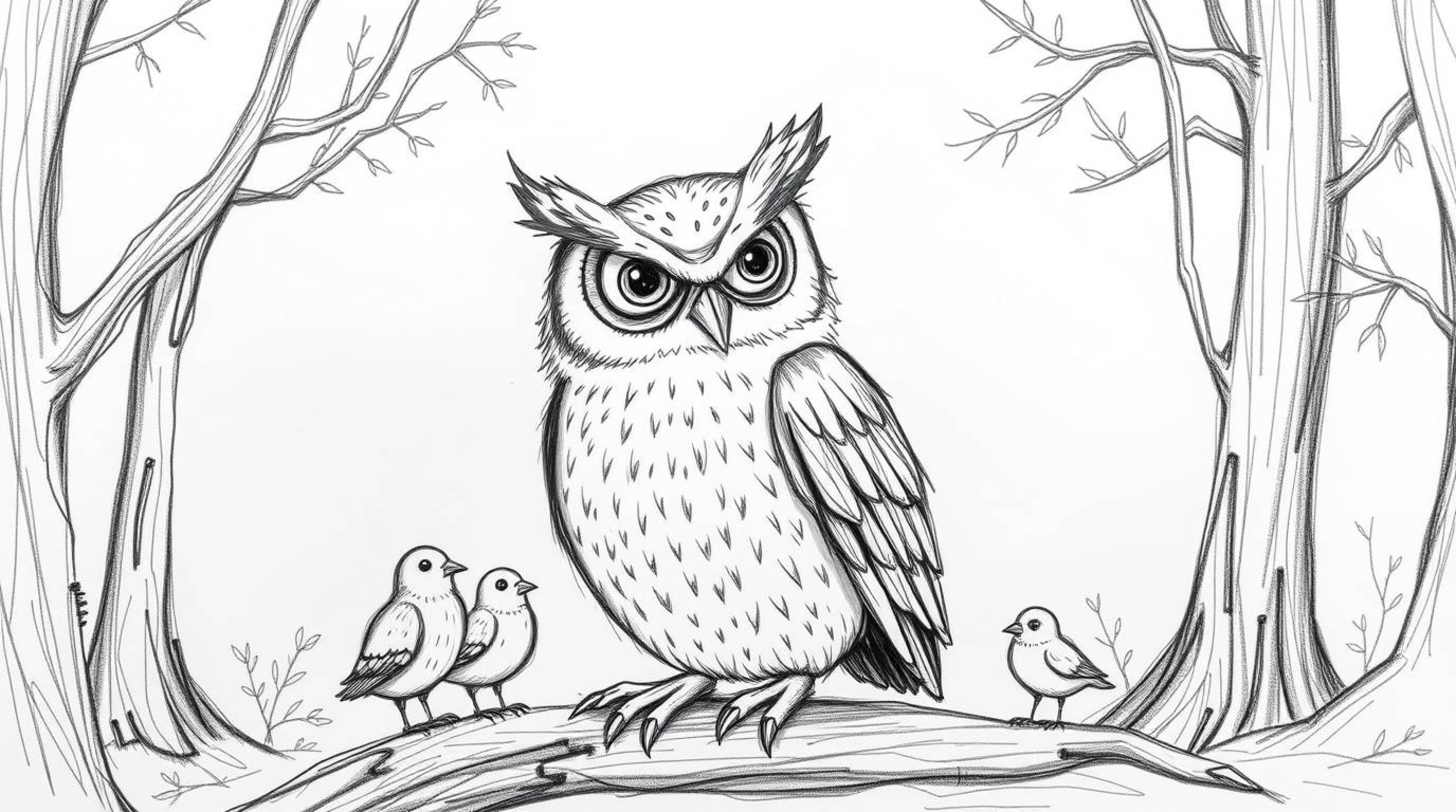 A charming hand-drawn sketch in a Pixar-like style depicts a wise, blind owl serenely guiding fledgling birds through a detai