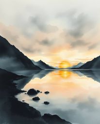An eerie and creepy watercolor painting that captures a sunset reflection in a glassy fjord. The artwork utilizes translucent