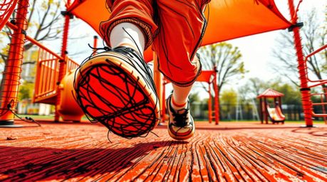 Experience a dramatic, hand-drawn sketch of a slow-motion run through a playground in extreme macro detail.  Vivid reds, oran