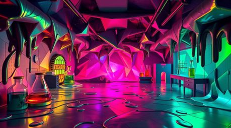 Immerse yourself in a uniquely crafted digital art piece depicting a slime-covered science lab brought to life through intric