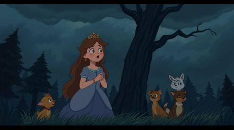 Explore enchanting vintage 2D animations featuring a princess singing with forest animals amidst moody styles and stormy skie