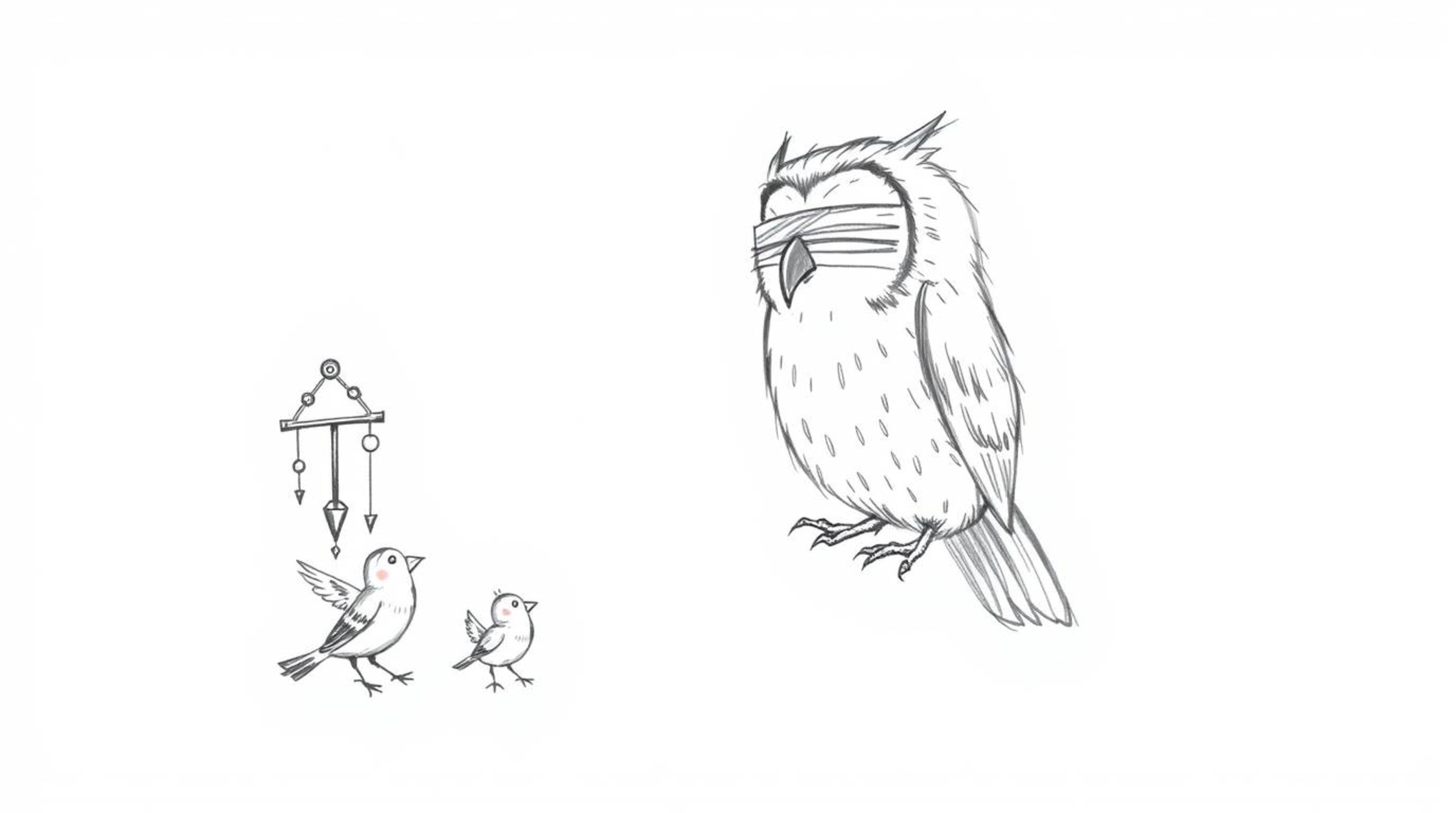 A heartwarming hand-drawn sketch in the style of Pixar depicts a wise, blind owl with incredibly soft, feathery details.  He'