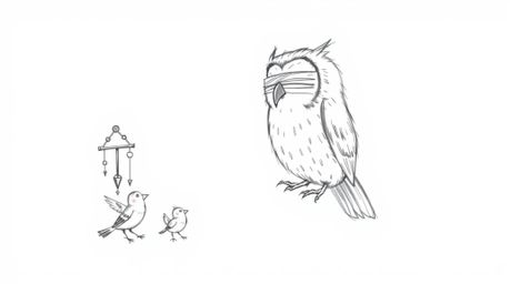 A heartwarming hand-drawn sketch in the style of Pixar depicts a wise, blind owl with incredibly soft, feathery details.  He'