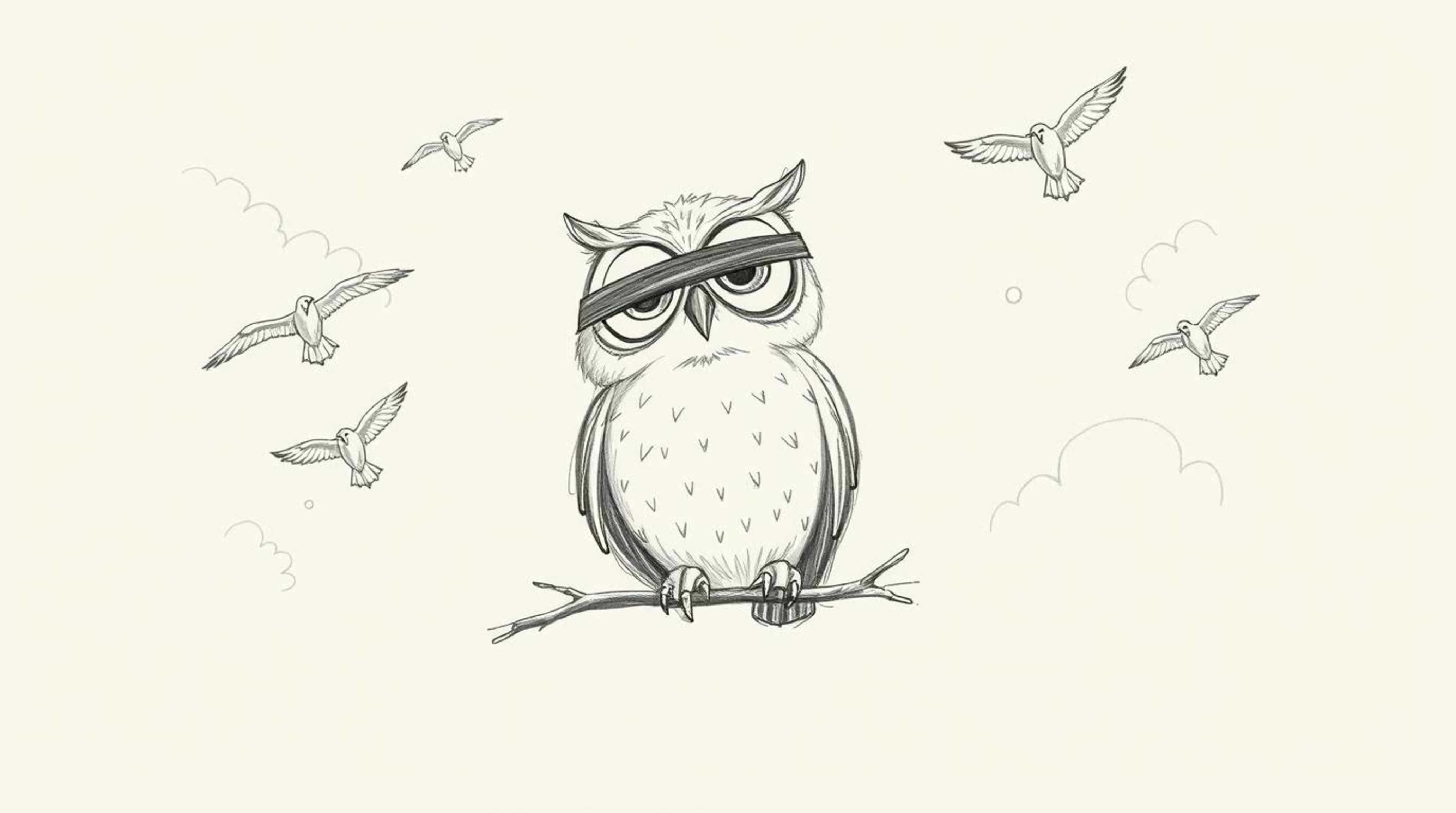 A heartwarming, hand-drawn Pixar-style sketch features a blind owl with large, gentle eyes, teaching birds how to fly.  The s