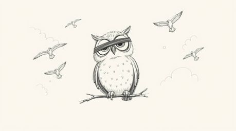 A heartwarming, hand-drawn Pixar-style sketch features a blind owl with large, gentle eyes, teaching birds how to fly.  The s