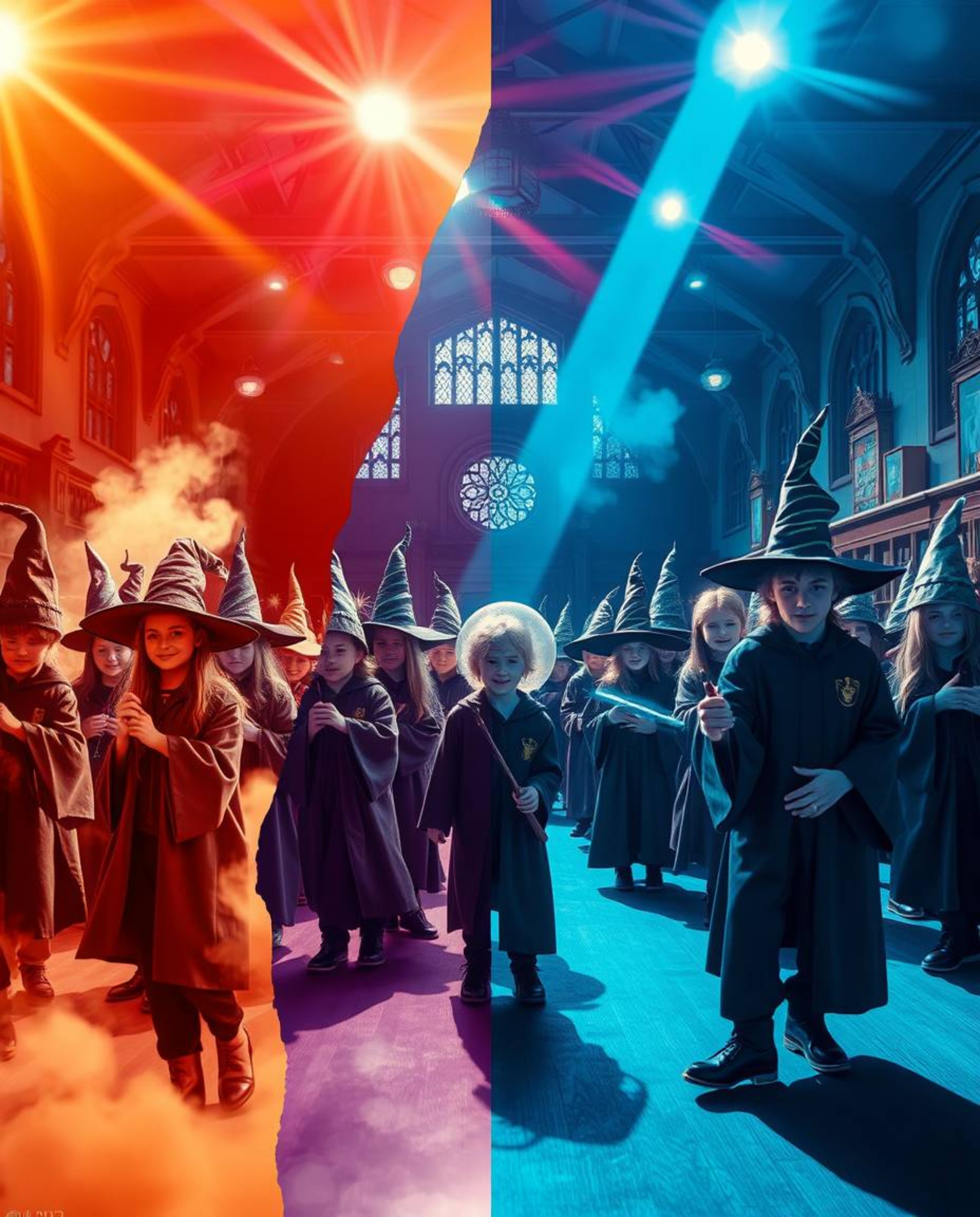 A vibrant and captivating image showcasing a magical school brimming with youthful wizards. The scene is brought to life with