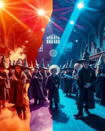 A vibrant and captivating image showcasing a magical school brimming with youthful wizards. The scene is brought to life with