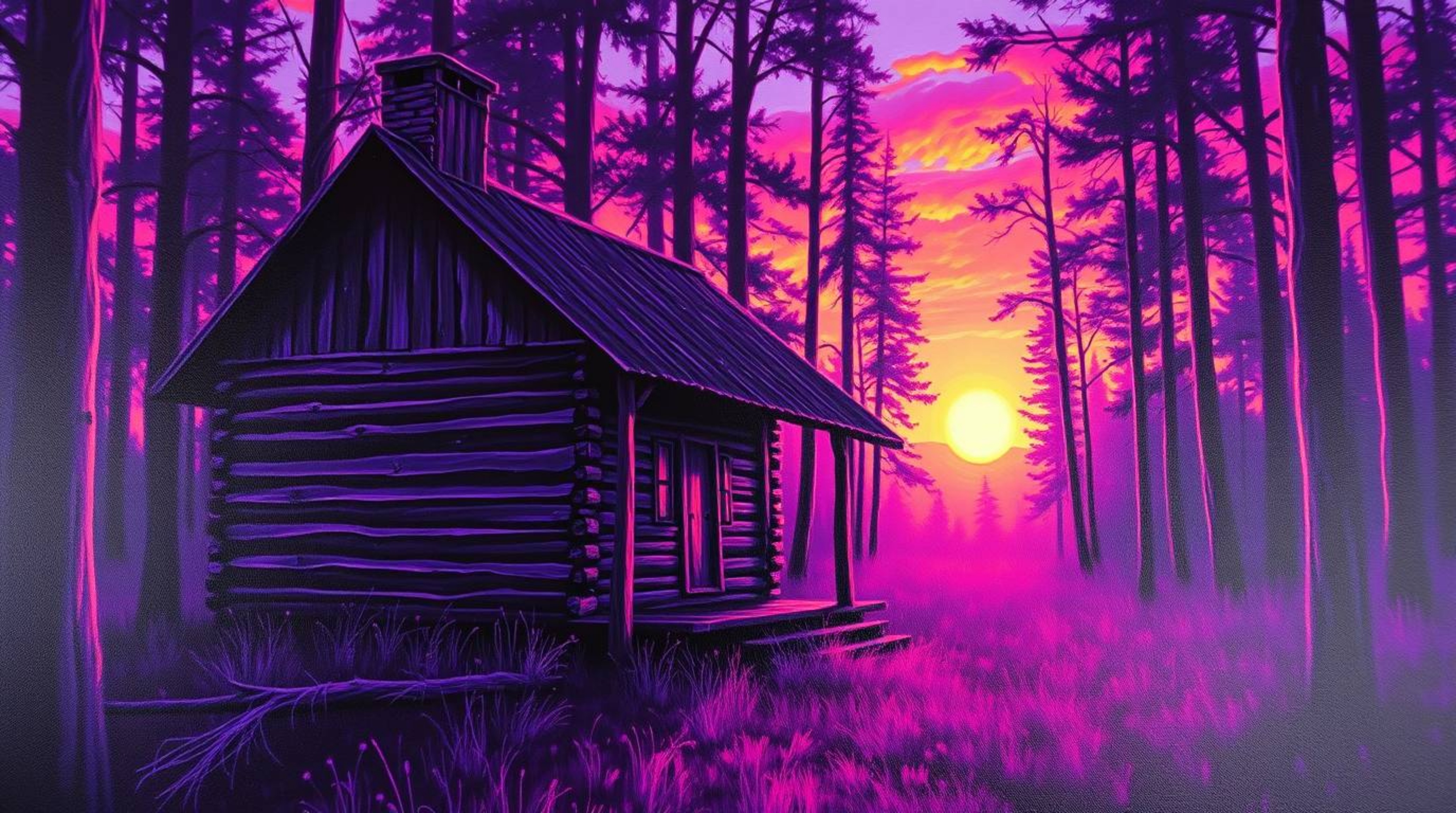 Immerse yourself in the beauty of a classic oil painting depicting an old wooden cabin nestled in the woods at sunset. Experi