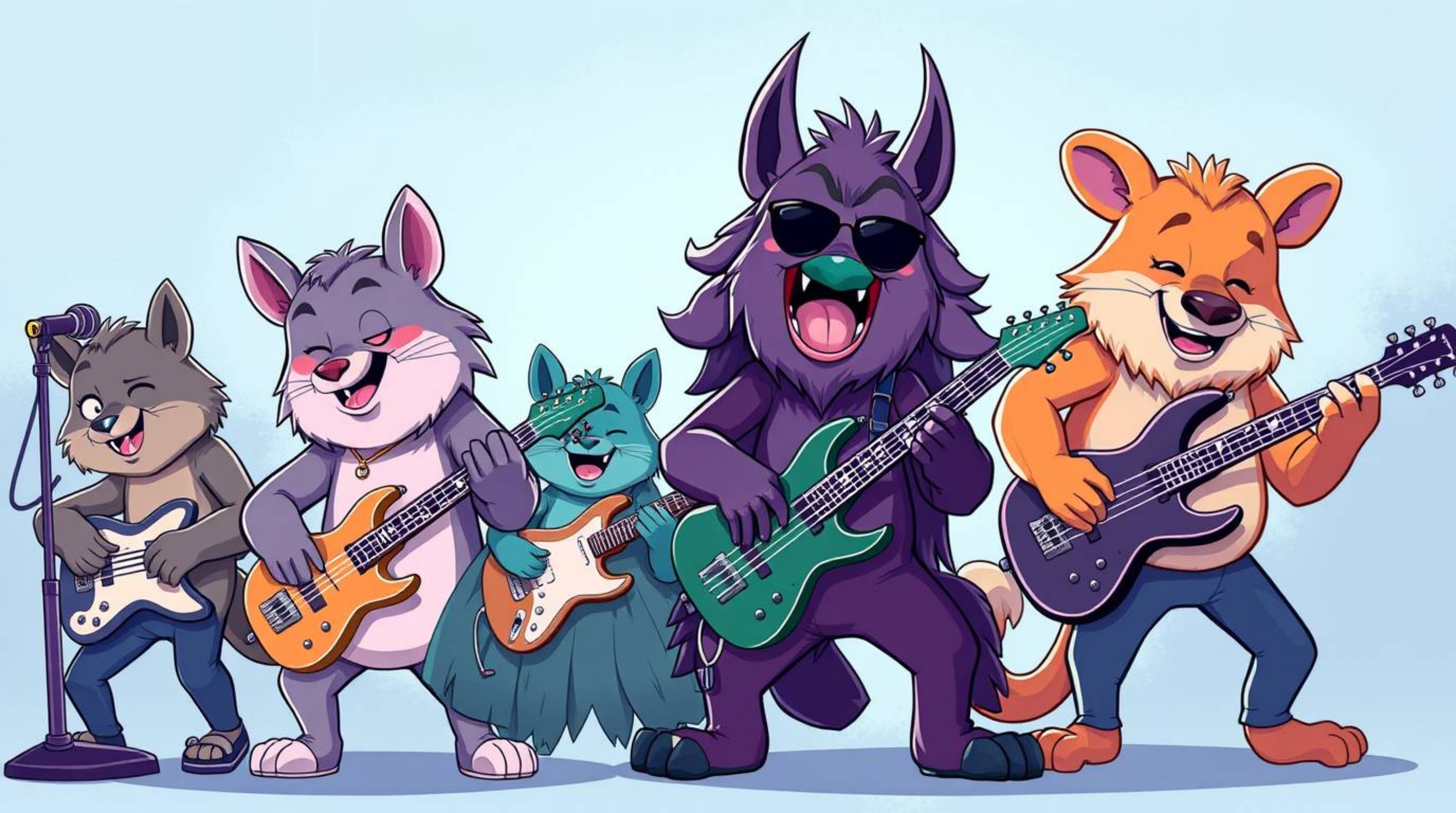A vibrant band of cartoon animals rocking out in cool blues, greens, and purples.  This dynamic image captures a sense of flo