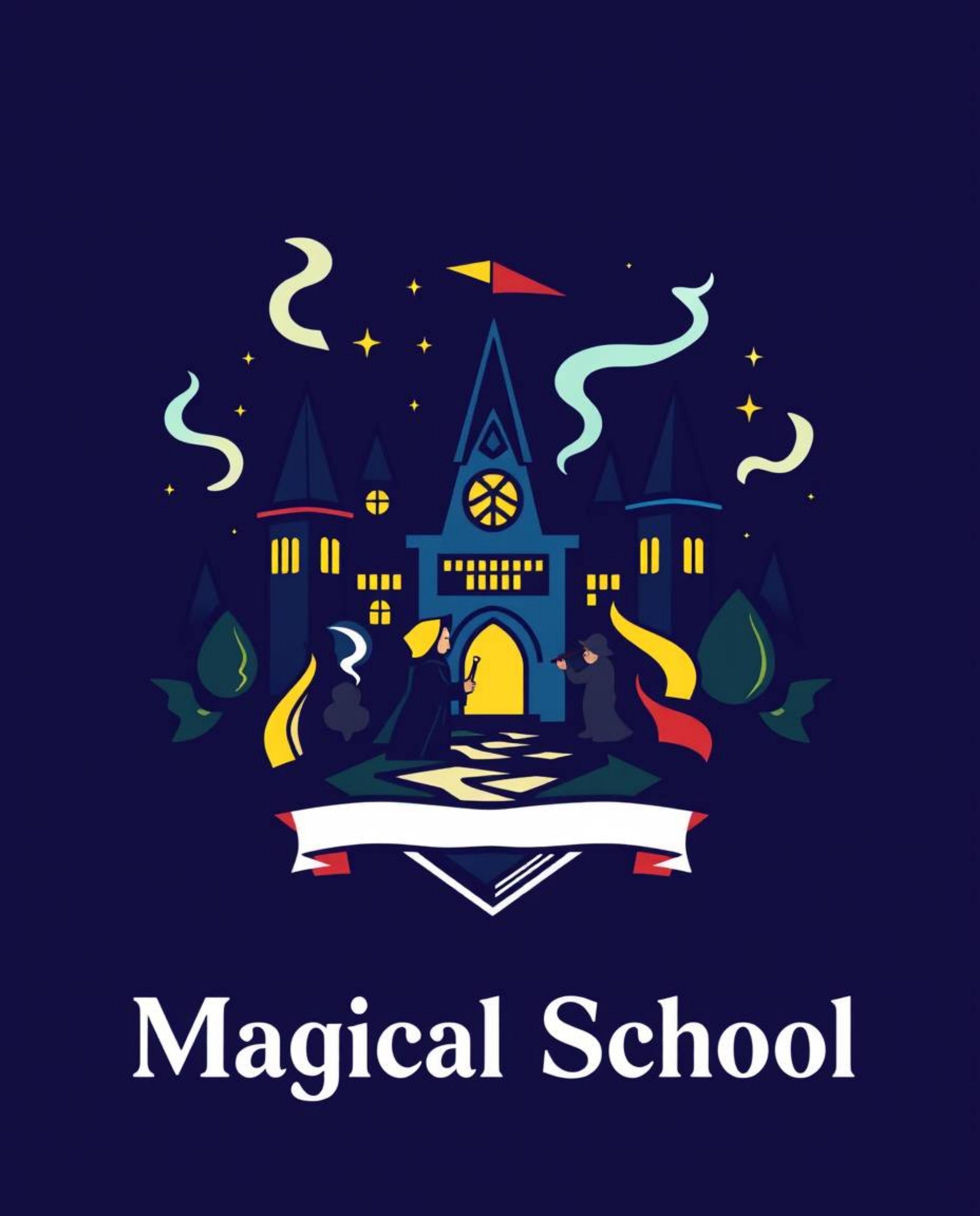 A modern, minimalist logo design for a magical school filled with young wizards.  The design features clean lines, balanced s