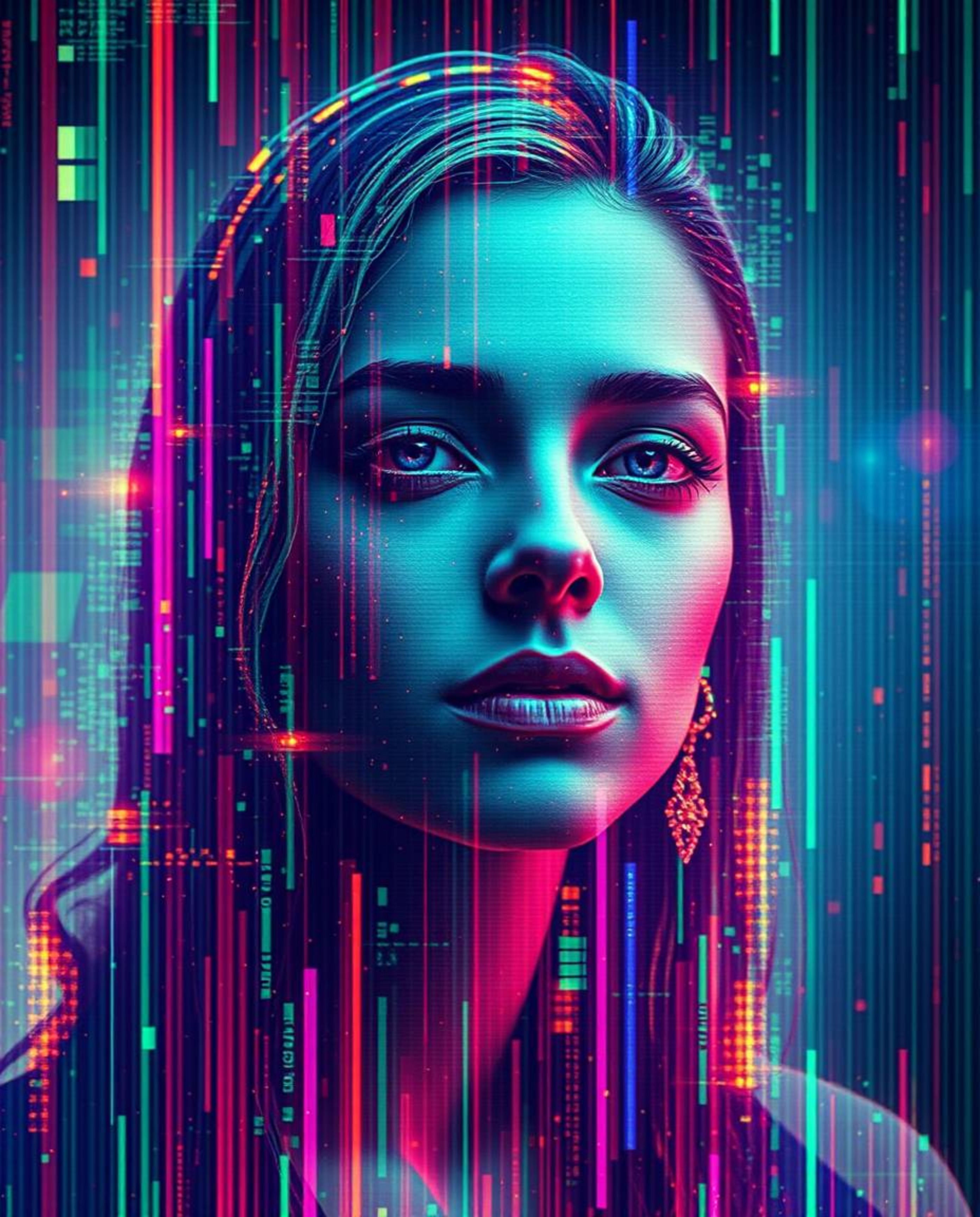Discover stunning digital glitch art portraits featuring a corrupted data aesthetic, pixelated style, and ethereal spiritual 