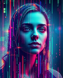 Discover stunning digital glitch art portraits featuring a corrupted data aesthetic, pixelated style, and ethereal spiritual 