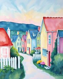 This artwork depicts a sleepy town with charming pastel-colored houses, rendered in a watercolor-style acrylic painting. The 