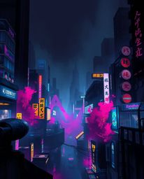Immerse yourself in a vibrant and intense futuristic cyberpunk cityscape. This digital painting features a stark contrast bet