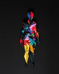 A captivating image showcasing an intricate origami-style human silhouette crafted from vibrant splash patterns and deep blac