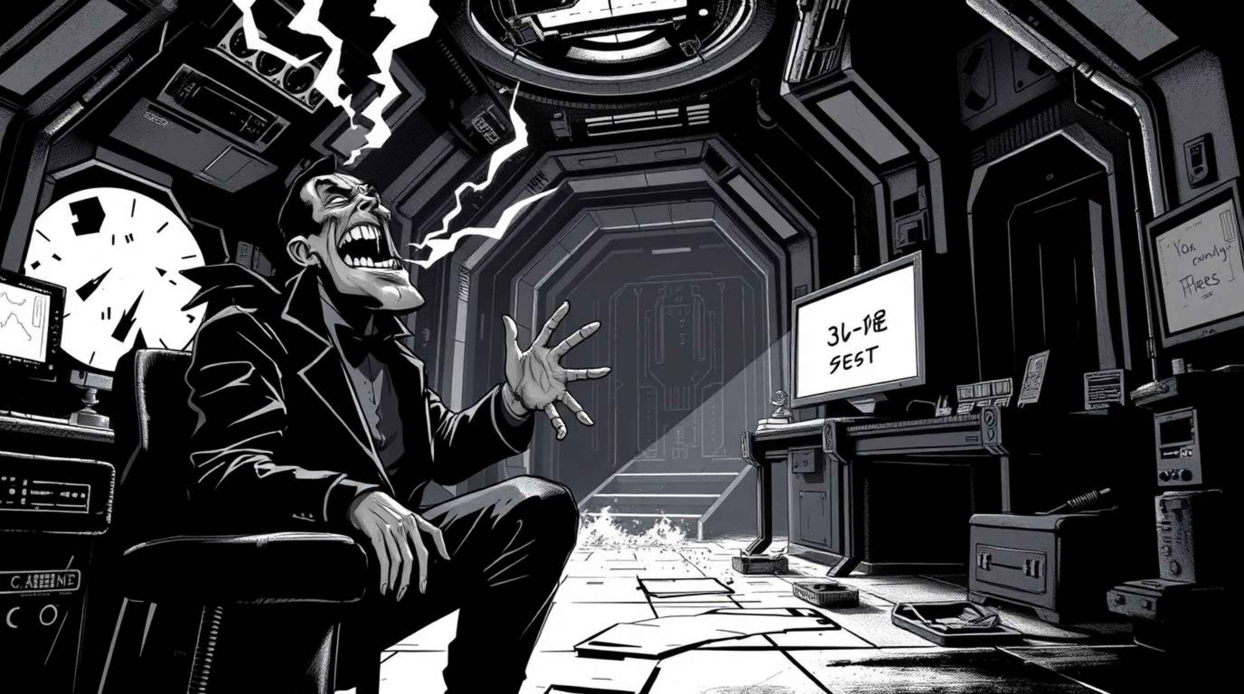 This striking black and white digital illustration captures a hilarious breakdown of a villain within a futuristic high-tech 