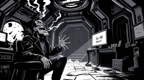 This striking black and white digital illustration captures a hilarious breakdown of a villain within a futuristic high-tech 