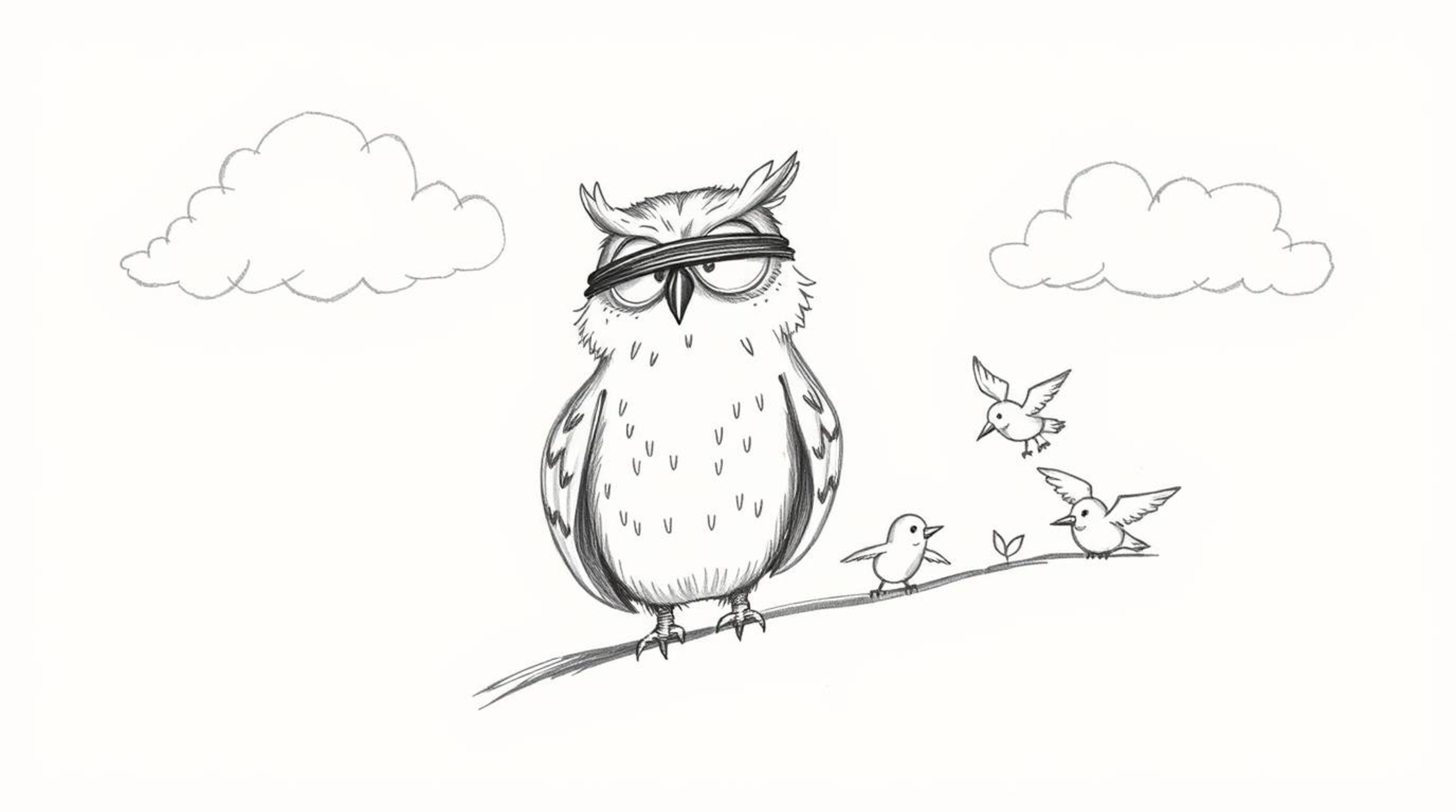 A heartwarming hand-drawn sketch reminiscent of Pixar, showcasing a visually impaired owl with gentle feathers and captivatin