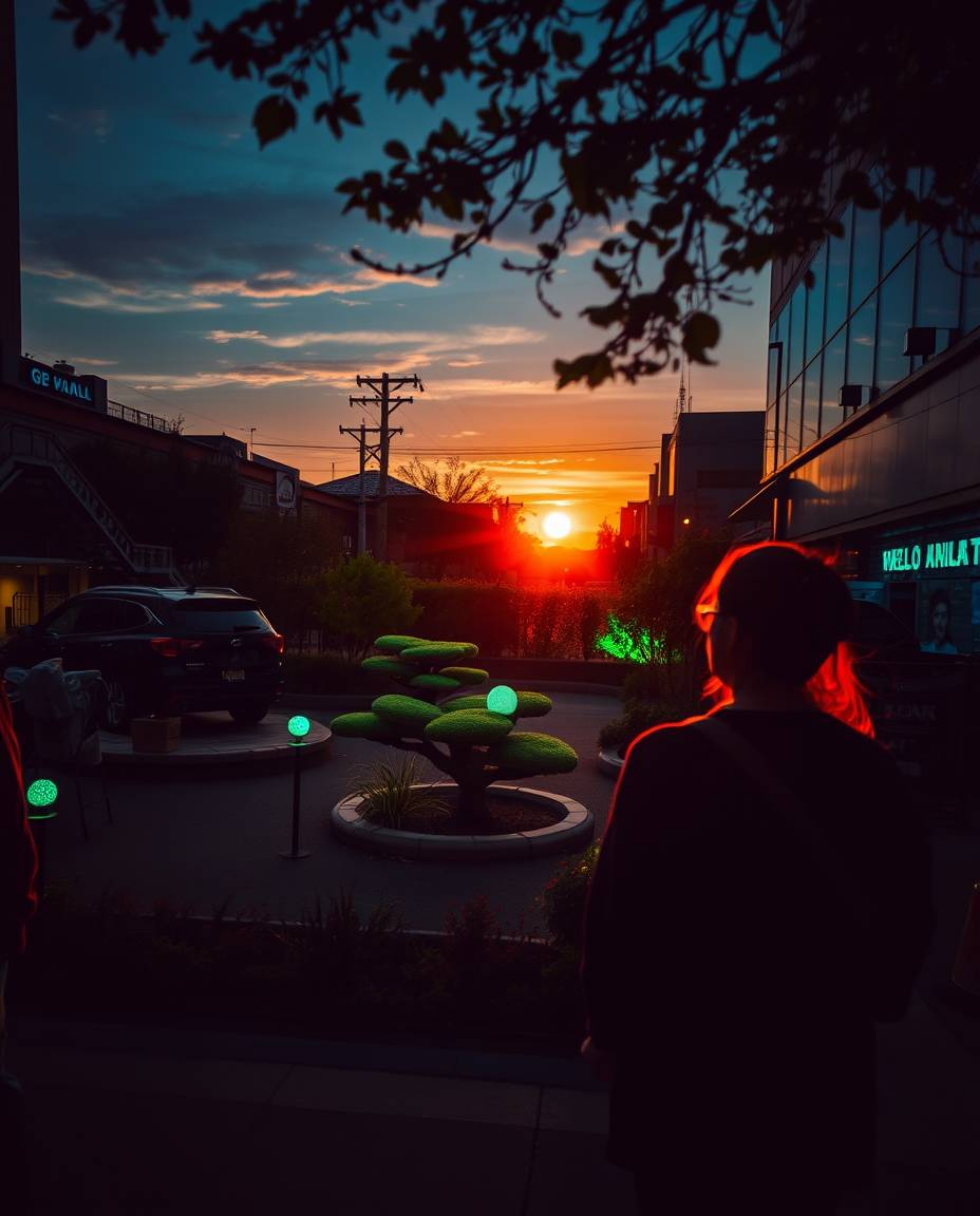 Discover a serene Zen garden nestled within an urban scene, captured in a candid street photography style at sunset. The scen