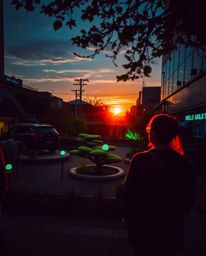 Discover a serene Zen garden nestled within an urban scene, captured in a candid street photography style at sunset. The scen