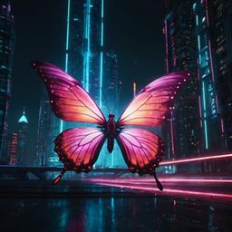 A captivating digital art piece showcasing a vibrant, neon butterfly gracefully soaring through the towering structures of a 